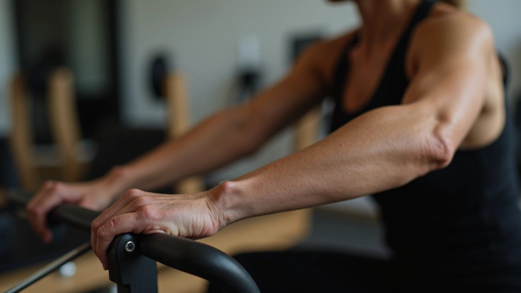 Woman performing core strengthening exercise on reformer Pilates machine with proper form and alignment