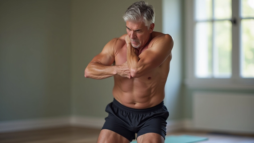 Man aged 58 performing hamstring stretch in yoga class with proper form and control