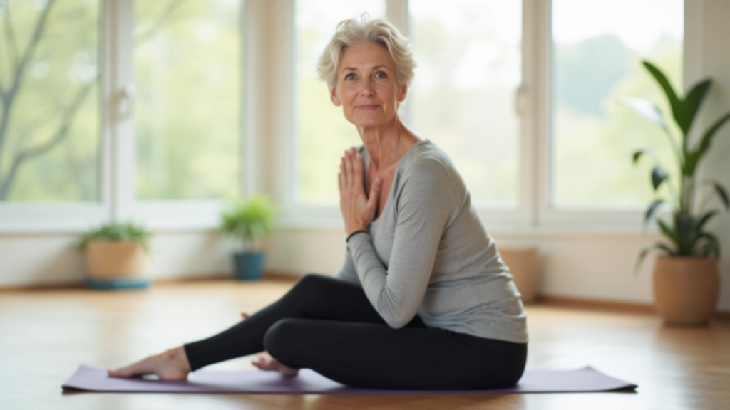 Woman in her fifties practicing yoga pose on mat in bright studio with natural light